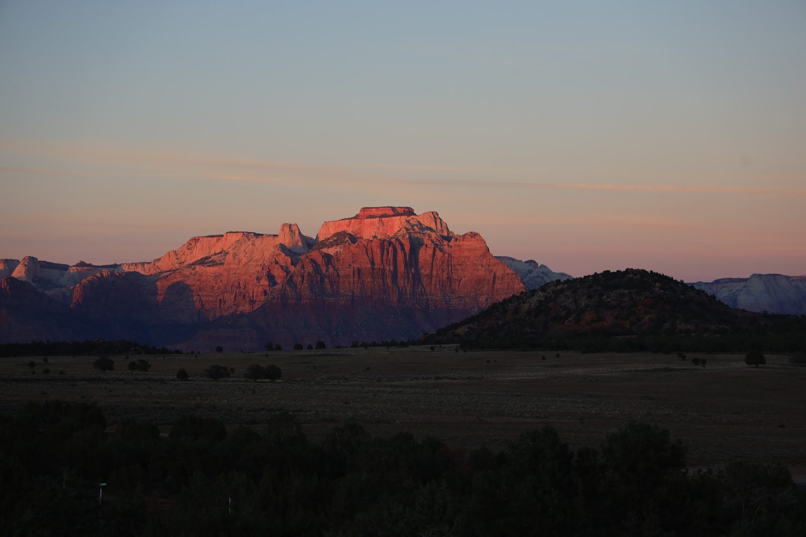 Red rock mountain at sunset